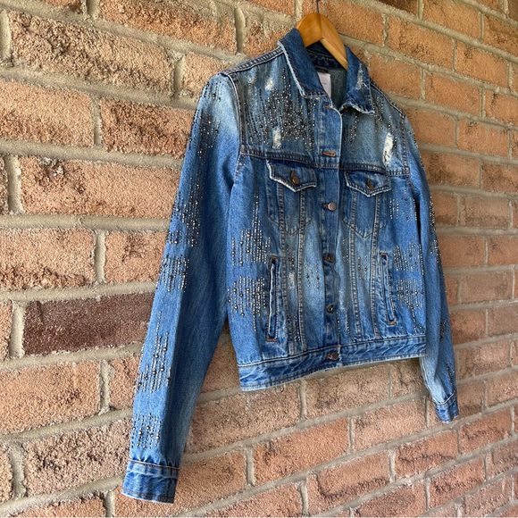 ZARA | Blue beaded distressed dressy spring summer denim rare jean jacket coat - Picture 2 of 16